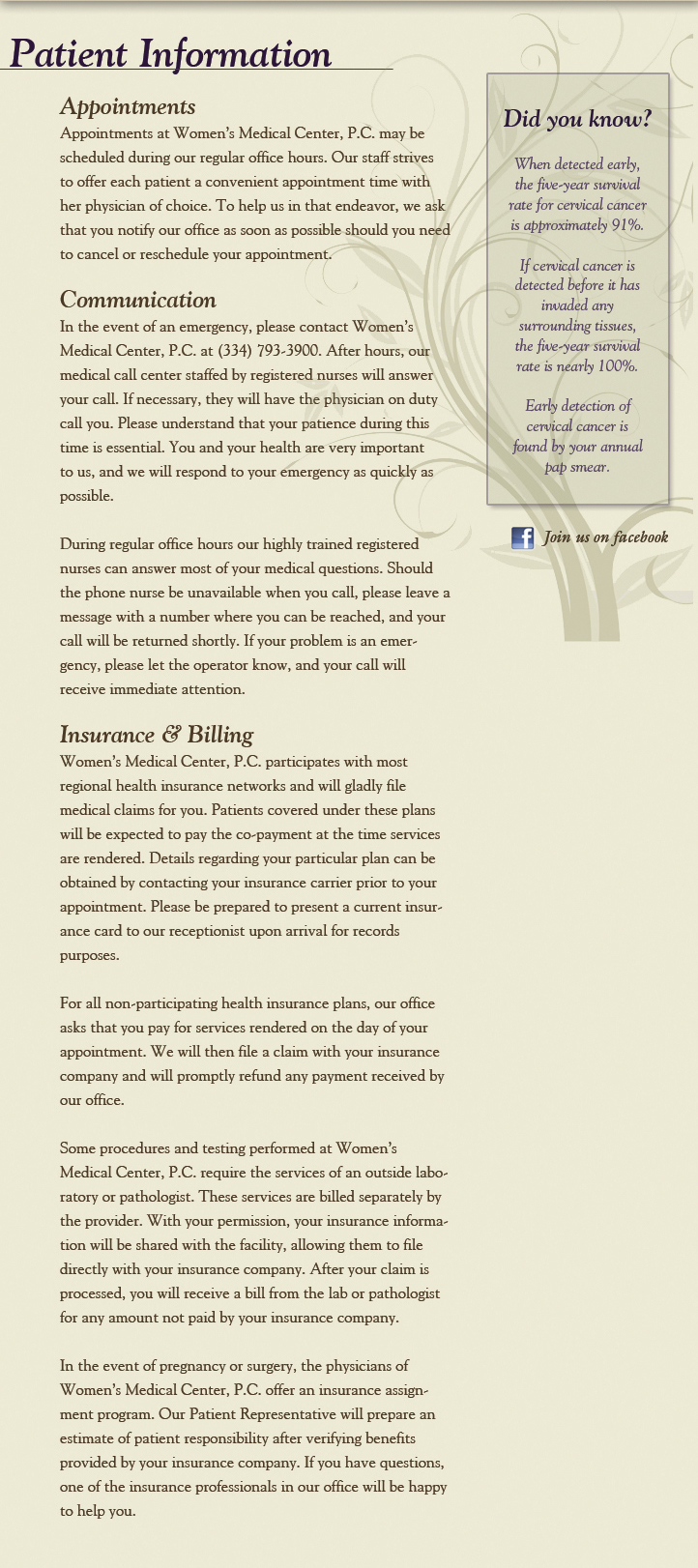 Patient Information — Women's Medical Center — Dothan, Alabama